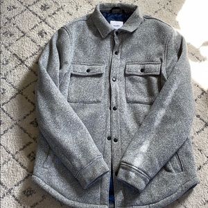 Grey button up shirt jacket.